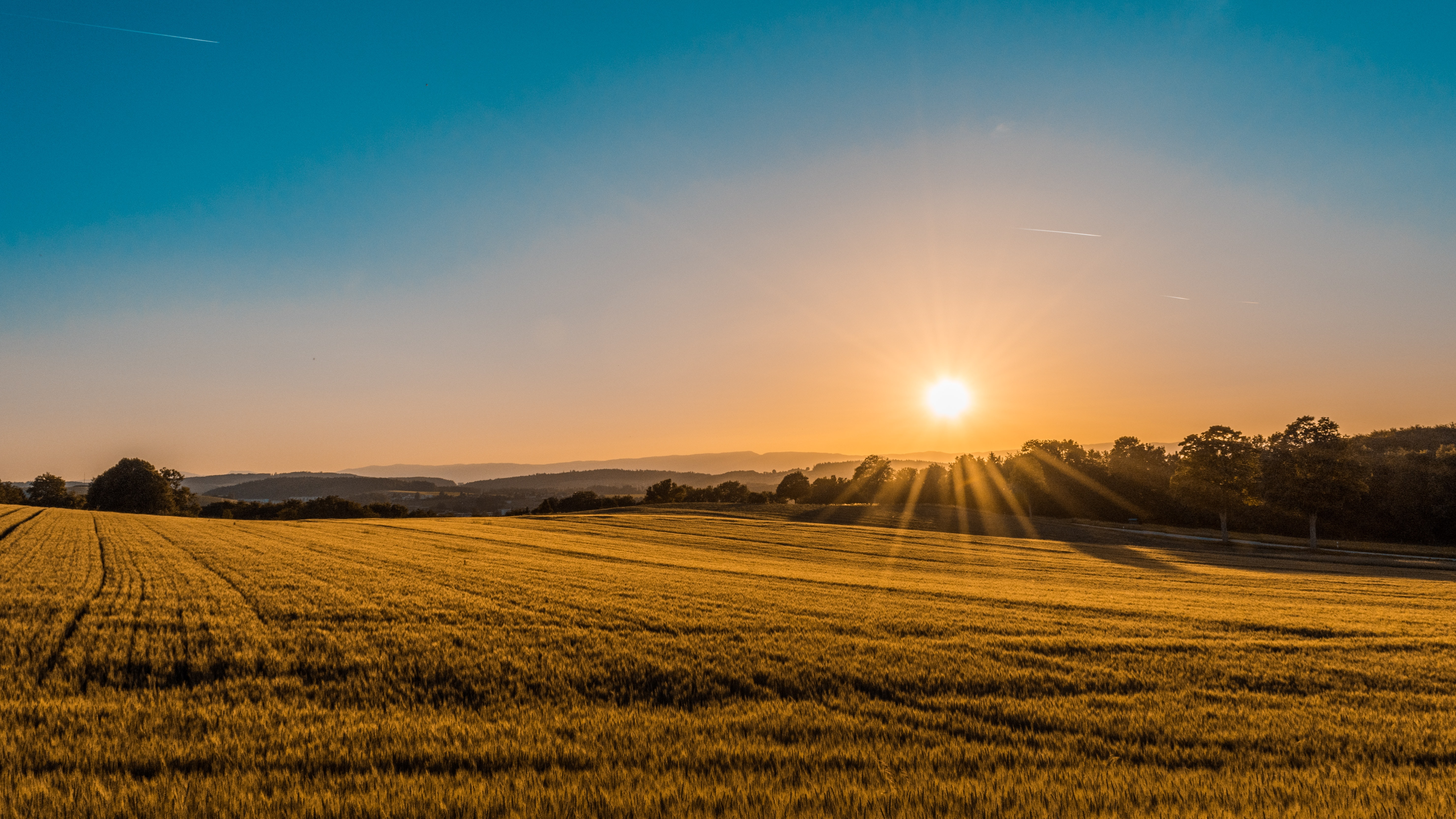 sun setting over fields